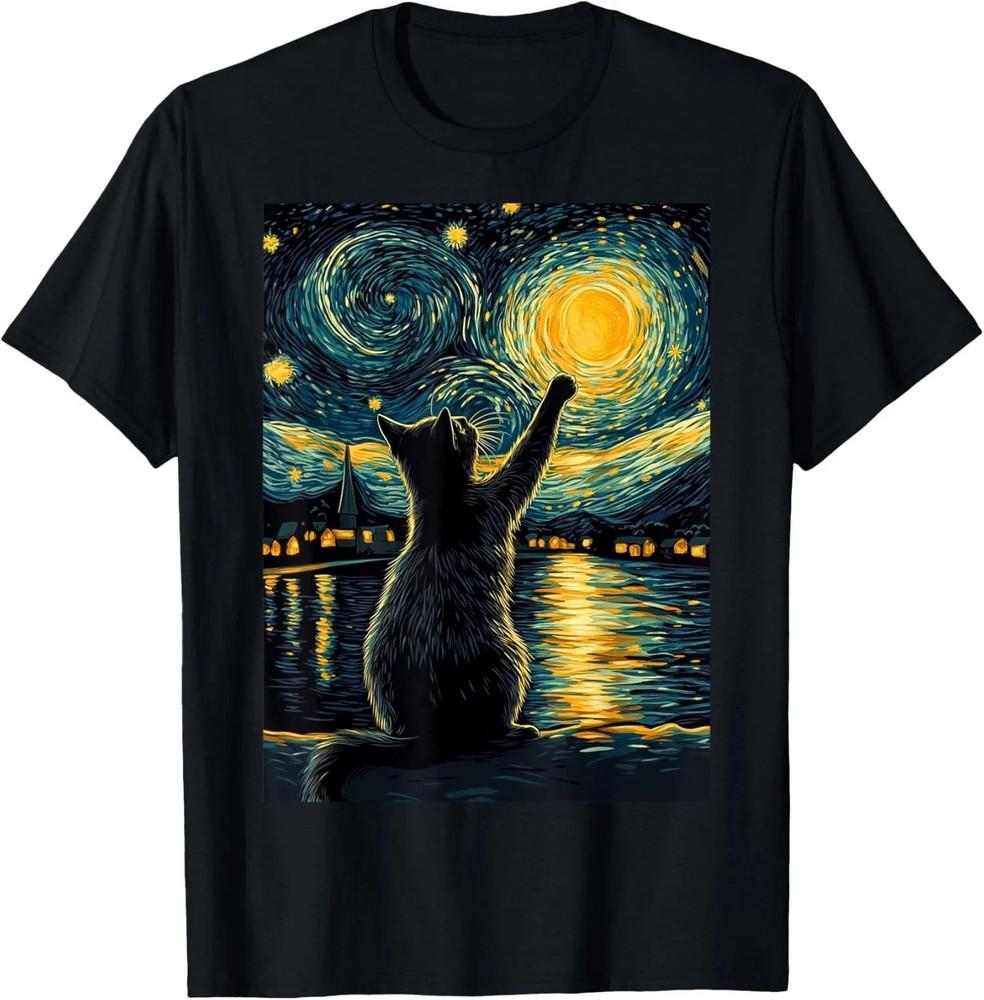 Black Cat Shirt, Starry Night Cat T Shirt, Black Cat Graphic Tee, Cat Lover Gift Unisex T-Shirt