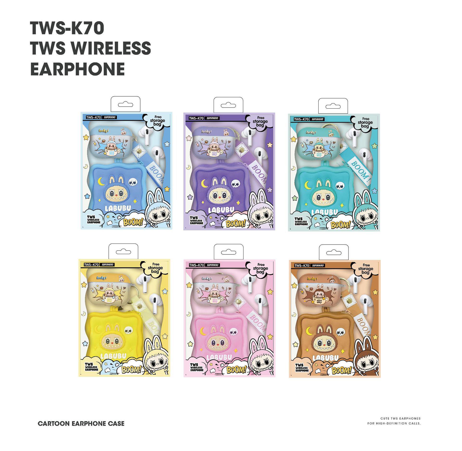 Новые TWS-K70 Внутриканальные Bluetooth 5.4 Наушники с Мультяшным Кошельком-Монетницей Силиконовым Чехлом фиолетовый