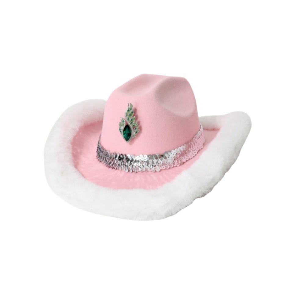 Pink Western Cowboy Hat Feather Party Western Cowboy Felt Wool Hat Christmas Day New Winter