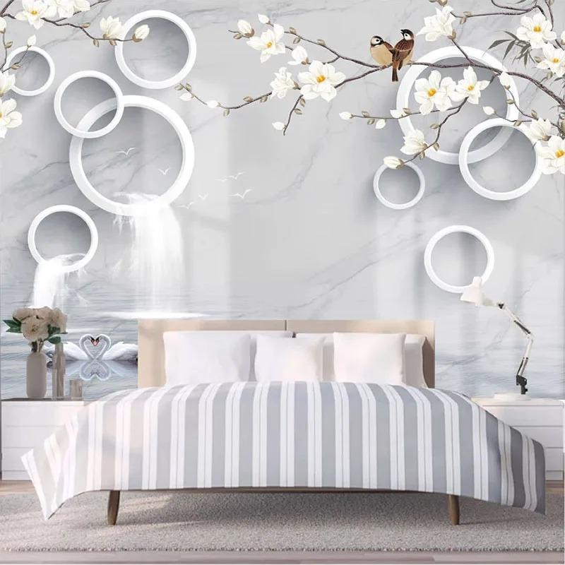 3d Marble Wallpaper Waterfalls Circle Flowers Birds Wall Mural Living Room Tv Sofa Bedroom Fresco