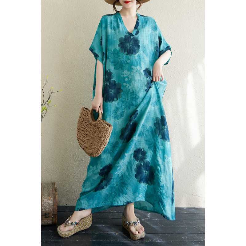 Women's Thin Cotton and Linen Loose Artistic Dress Retro Long Robe