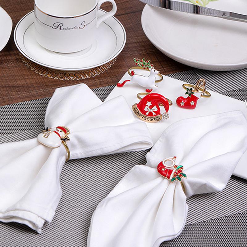 Christmas Napkin Ring Metal Xmas Bell Elk Napkin Holder Flower Wreath Rings Wedding Banquet Hotel Table Decoration Accessories