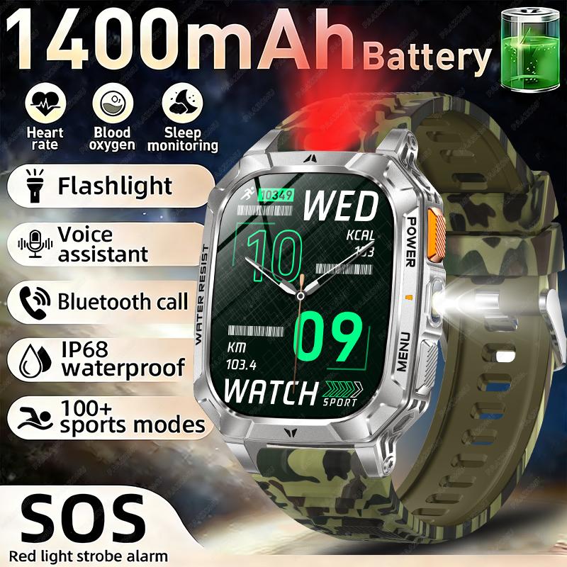 New Rugged Military Smart Watch Men 1400 mAh battery 2.01inch Bluetooth Call Health monitoring device LED flashlight Smart watch