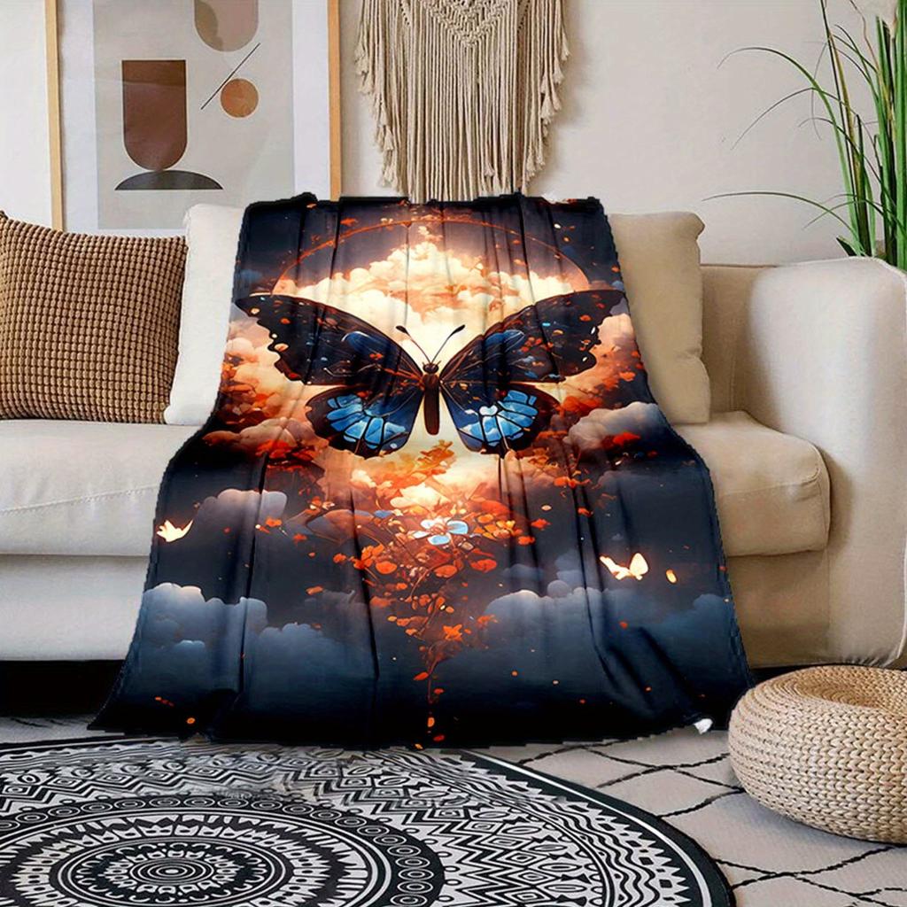 1pc Butterfly Print Blanket, Flannel Blanket, Soft Warm Throw Blanket Nap Blanket For Couch Sofa Office Bed Camping Travel