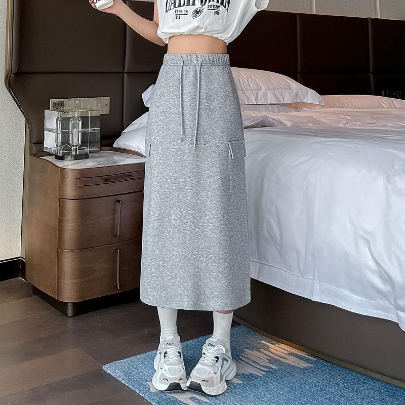 Women's High-Waisted A-Line Midi Skirt with Pockets - Versatile Casual Knit for Spring & Autumn