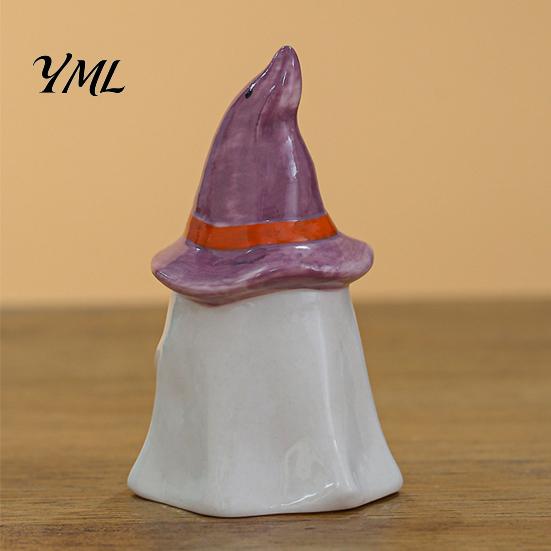 Cute Halloween Room Decoration Ceramic Tealight Holder, Lighted Ghost Pumpkin Figurine with Indoor Party Atmosphere Lamp Witch Hat, Tiered Tray