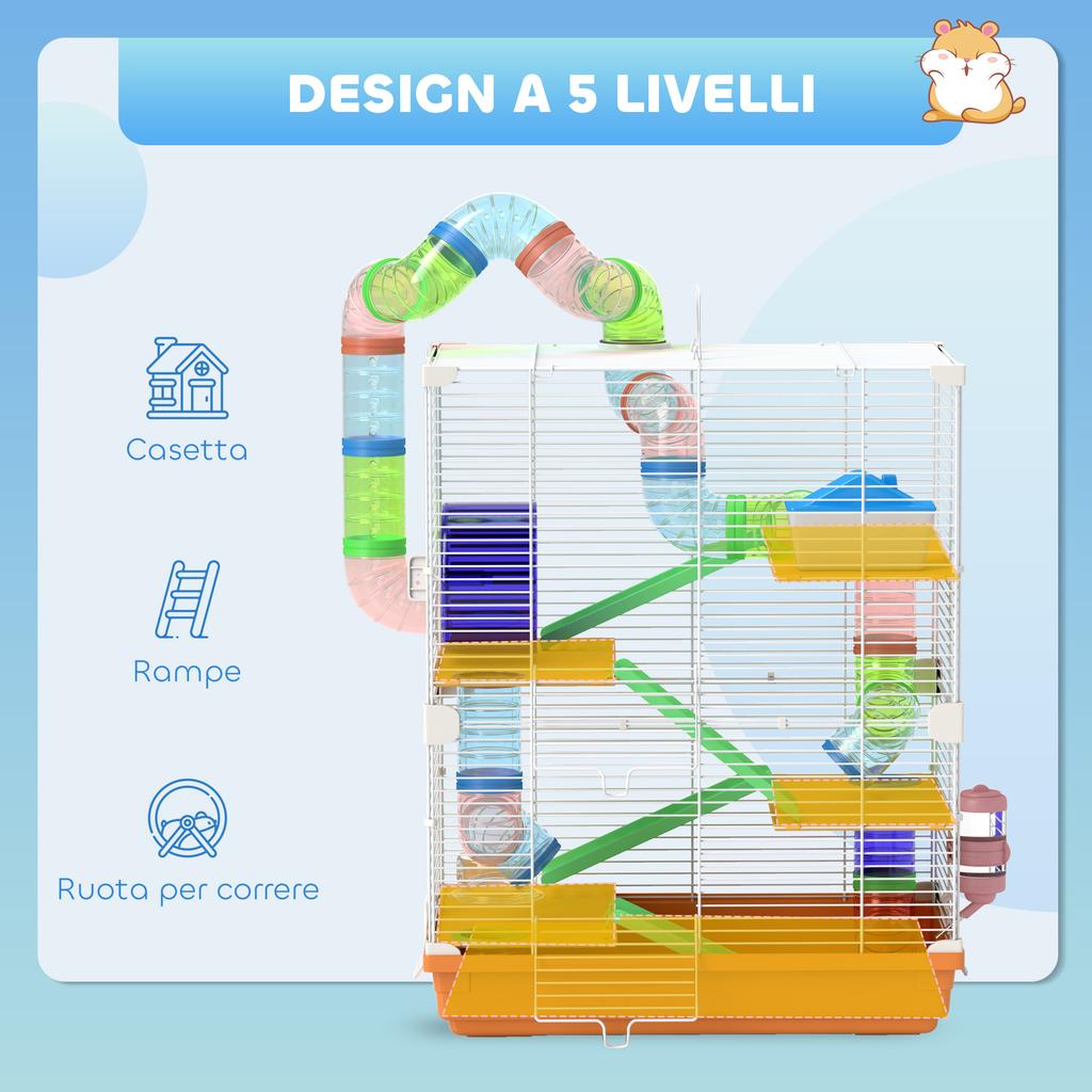 5-Tier Hamster Cage with Tubes, Wheel, Ladders, House and Bottle, 46x30x58 cm, Orange