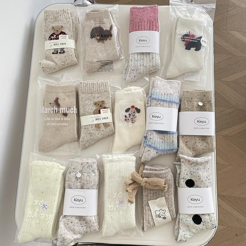 SP&CITY Korean Cartoon Embroidery Wool Socks Women's White Bow Stripe Plush Middle Tube Socks Winter Breathable Thickned Socks