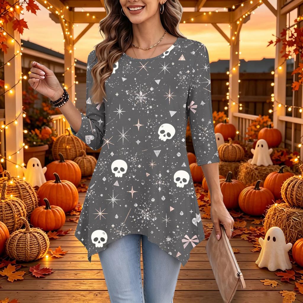 Women's Halloween Print 3/4 Sleeve Loose Fit Casual Top – Fun Holiday Party Tunic Blouse