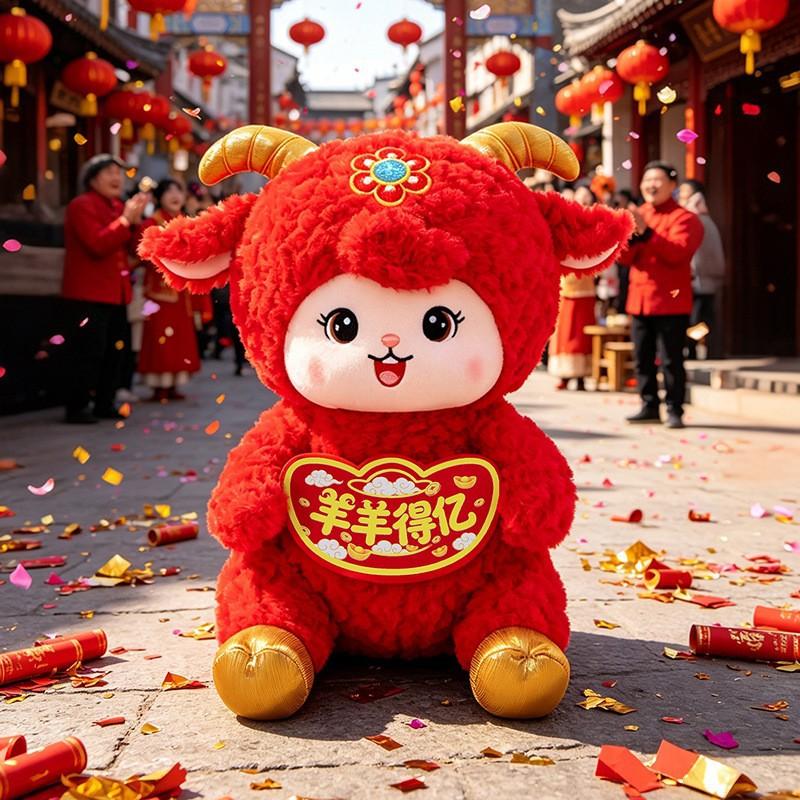 Sheep Plush Toy 15-40cm, Fabric Zodiac Sheep Doll with PP Cotton Fill, Four Colour Lucky Mascot for New Year Party Gift
