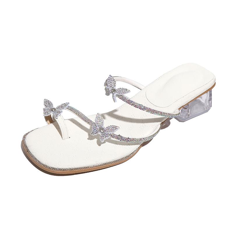 Casual Rhinestone Butterfly Sandals 2025 Summer New Fashionable Versatile Transparent Thick Heel Fairy Wind Cool Slippers