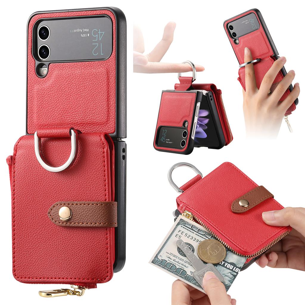 Vertical Zipper Cards Solt Wallet Leather Case for Samsung Z Flip 5 4 3 5G Stand Shockproof Flip5 Purse Ring Holder Pocket Cover