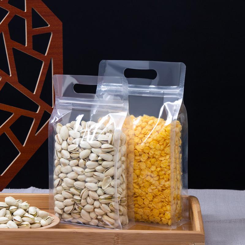 50Pcs Food Packaging Bags Transparent With Handle Stand Up Sealed For Candy Nuts Storage Reusable Zip Lock Pouches
