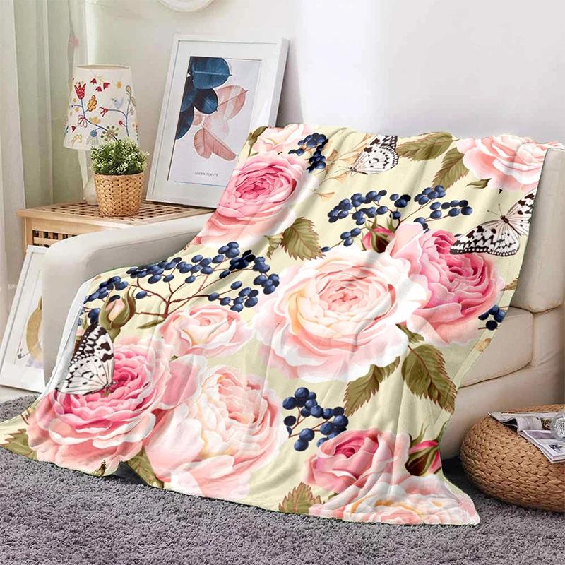 Pink Rose Flowers Printed Blanket for Sofa Bed Travel Camping Living Room Office Conditioning Blanket for All Seasons Gifts