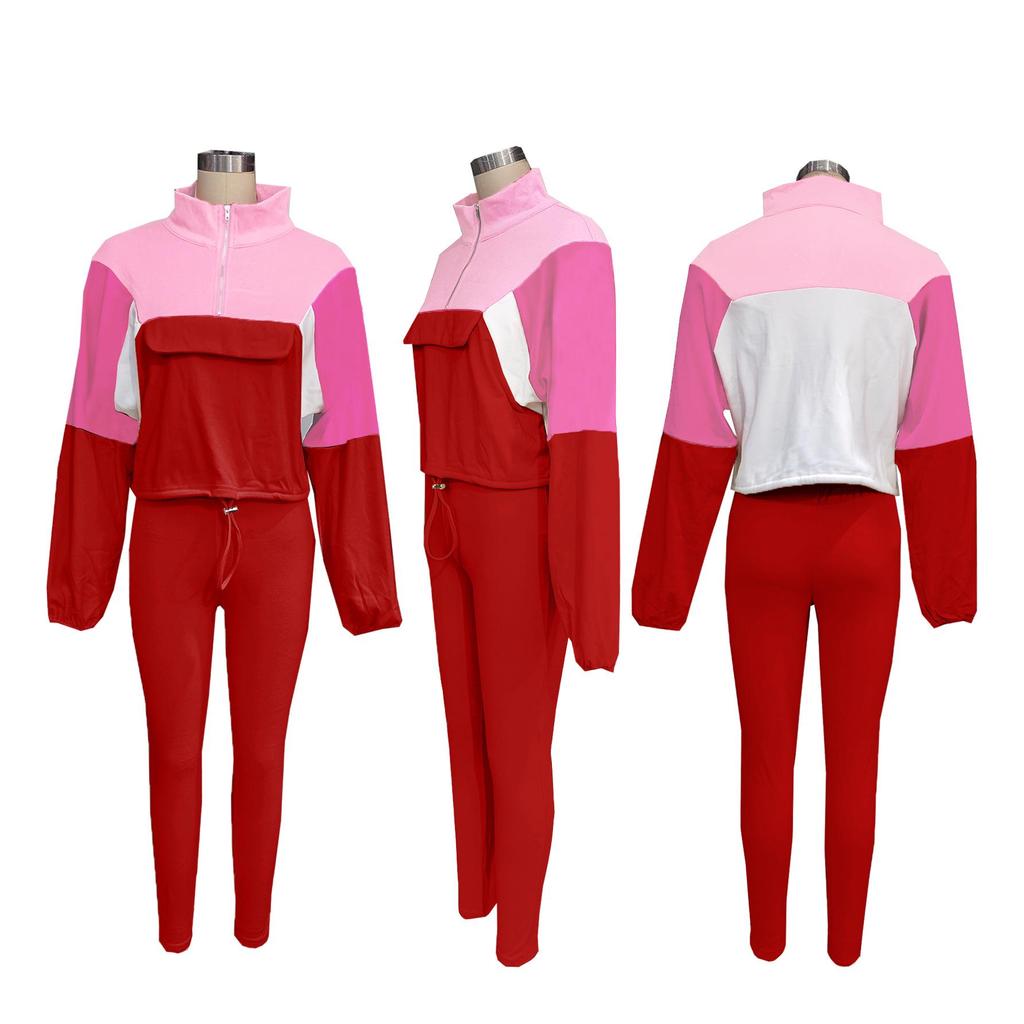 Autumn Color Block Hoodie & Skinny Pants Two-Piece Set