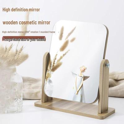 High-Value Wooden Rotating Desktop Makeup Mirror - Portable Folding Vanity Mirror for Dormitory or Bedroom Use
