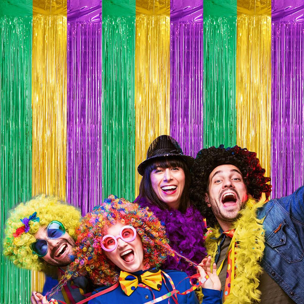 Gold Enchanting Green Purple Rain Curtain For Stunning Mardi Gras Setup Event