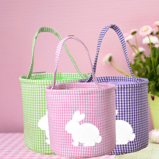 Easter Bunny Basket Plaid Gingham Easter Bucket with Handle Cute Egg Hunting Tote Bag for Candy Gifts Storage Party Supplies