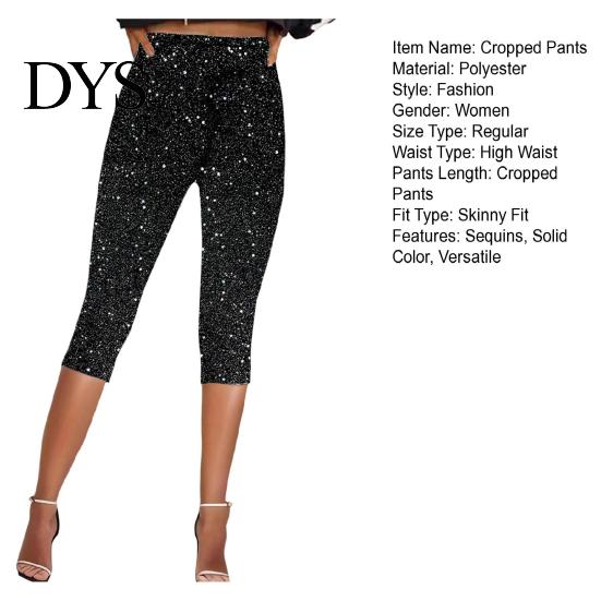 Sequin Bottoms Women Cropped Pants Elastic High Waist Skinny Fit Sequined Calf-length Shiny Sequins Vacation Travel Work Casual Comfortable