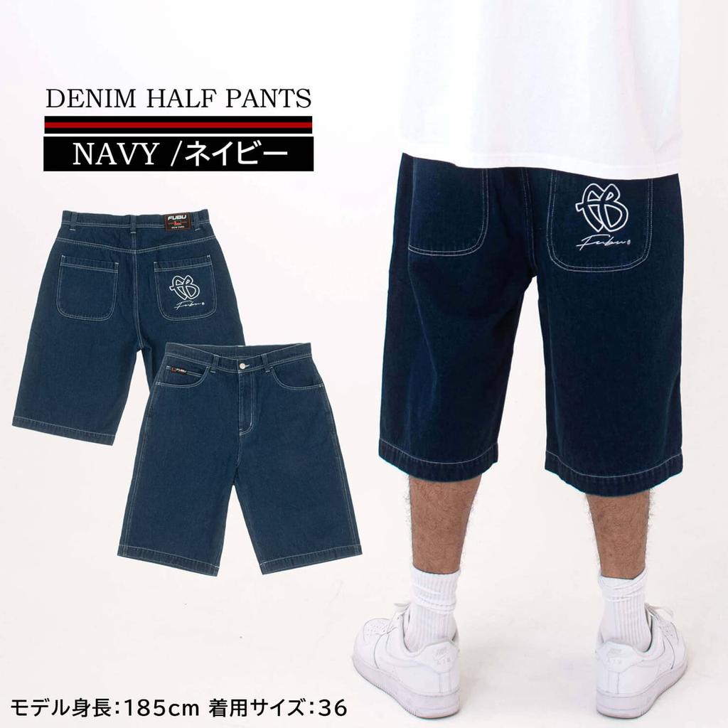 FUBU Denim Half Pants Navy M-Size 100% Cotton 11.5oz Washed Finish Logo Embroidery 31501