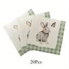 20pcs Easter Bunny Printed Party Napkins - Green Plaid with Butterfly & Rabbit Design, Handmade Bone Bart Paper Placemats