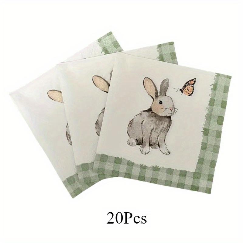 20pcs Easter Bunny Printed Party Napkins - Green Plaid with Butterfly & Rabbit Design, Handmade Bone Bart Paper Placemats