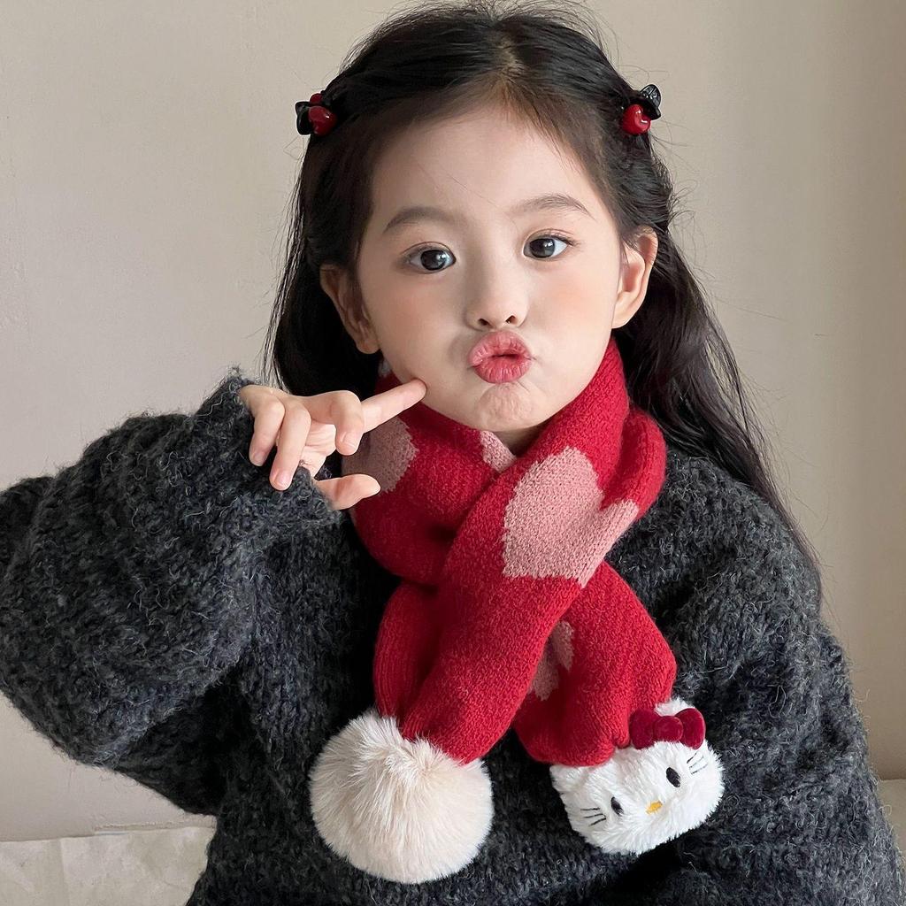 KT Kids' Red Heart Pom-Pom Scarf: Windproof, Warm, and Cute for Autumn/Winter Neck Protection
