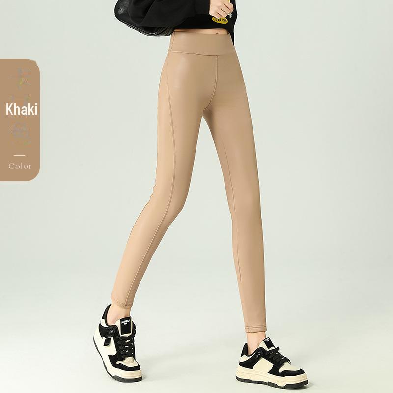 Dámské matné legíny z PU kůže s vysokým pasem a sametovou podšívkou - devítibodová délka, 2024.