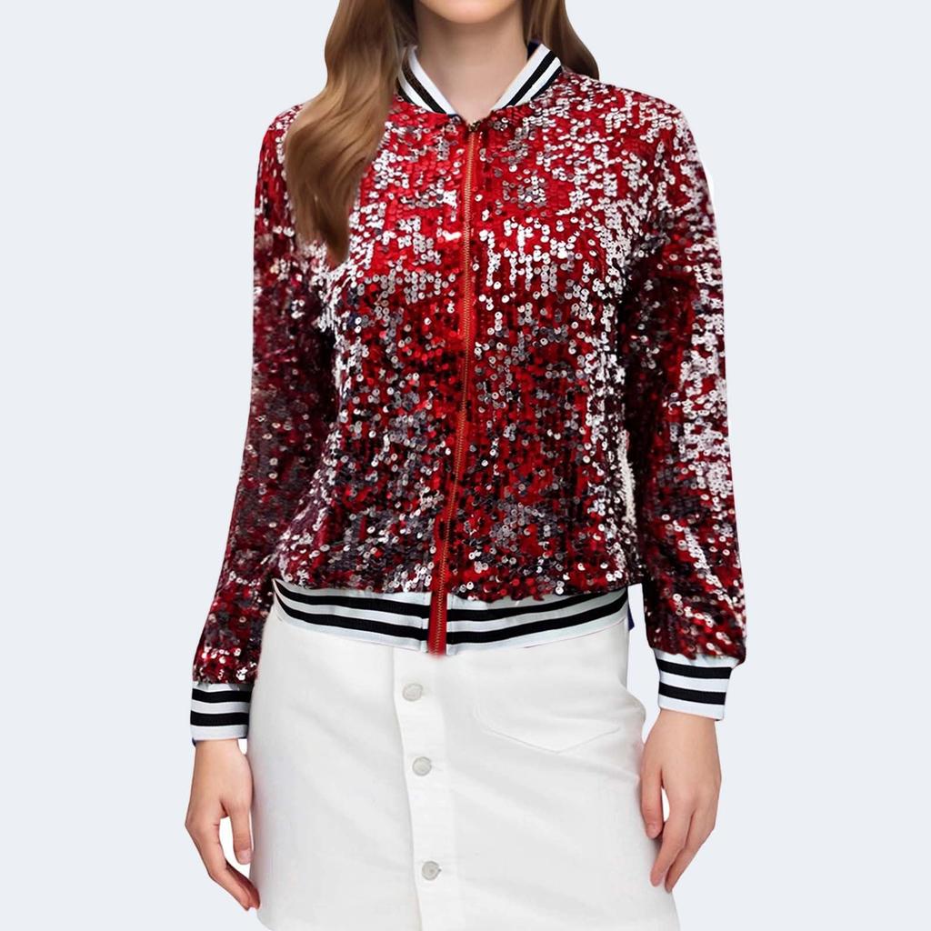 Women's Fashionable Stand Up Collar Long Sleeved Sequined Concert Short Zipper Jacket