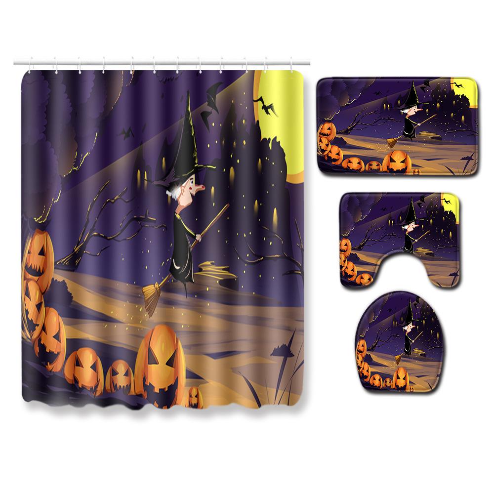 Halloween Shower Curtain Floor Mat Combination Four-Piece Set Bathroom Toilet Carpet Door Mat