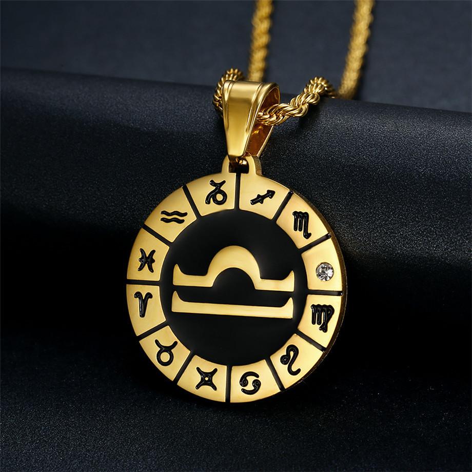 Punk Zodiac Sign Constellations Pendant Gold Color Stainless Steel Rope Chain Round Necklace For Women Men Jewelry Gift