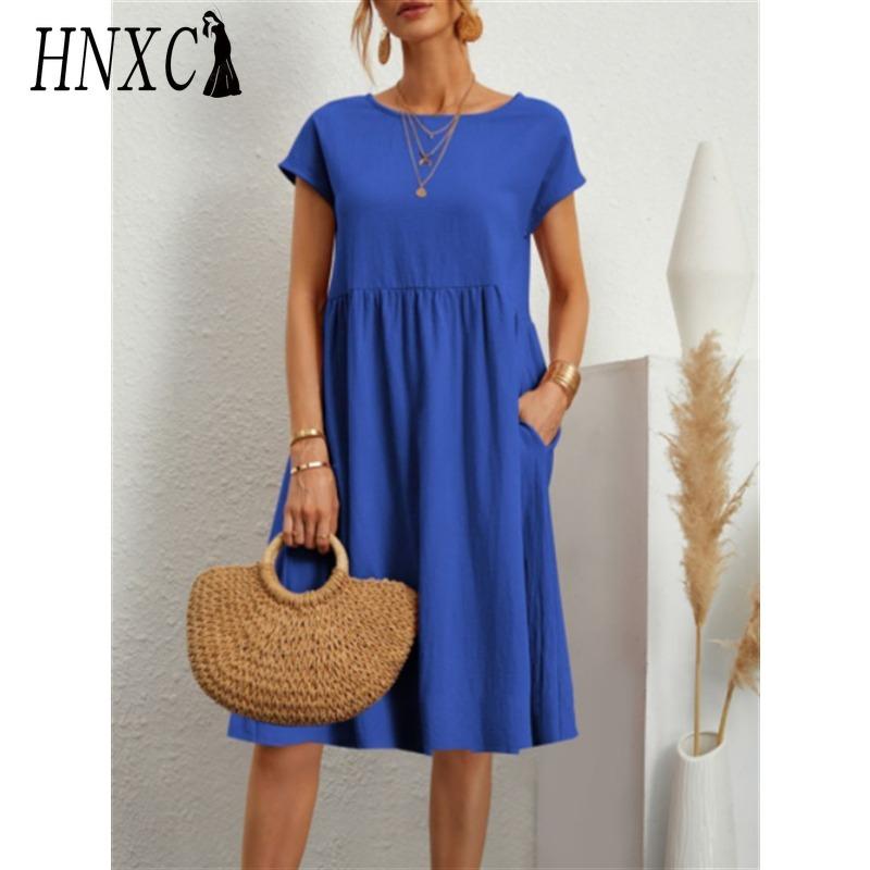HNXC Women's Fashion Summer Spring Solid Color Print O-Neck High Waist Casual Dresses