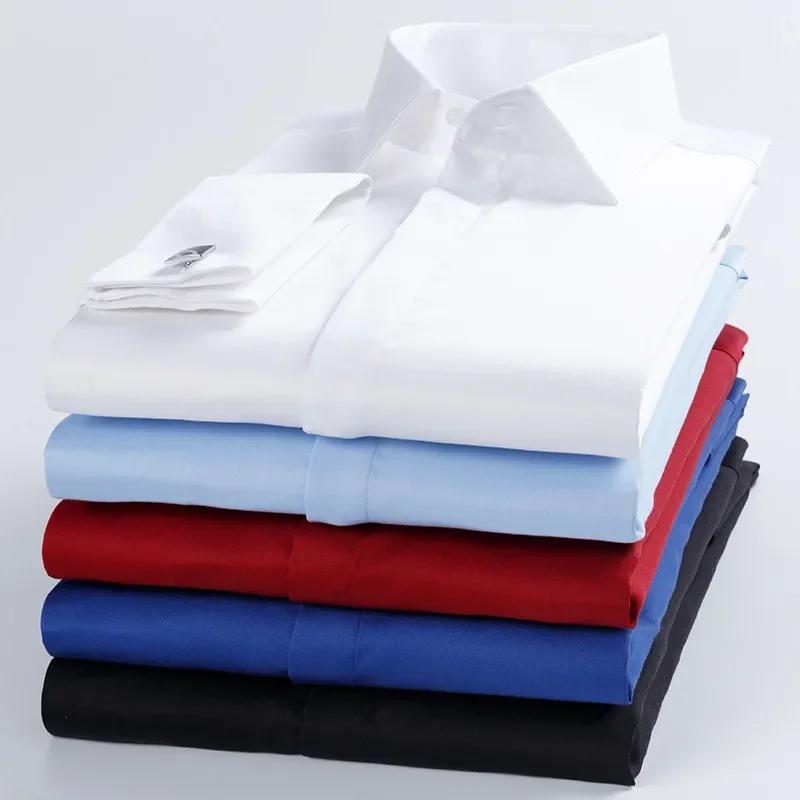 Camicia da uomo in cotone 100% di qualità, con polsino alla francese, bottone nascosto, vestibilità standard, manica lunga, polsini alla francese