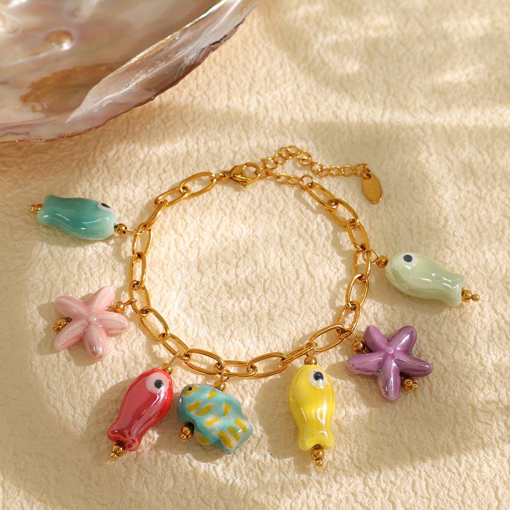 Stainless Steel Ceramic Starfish Fish Drop Y2K Necklace Bracelet Bangle for Women Tarnish Resistant Cute Handmade Jewelry New