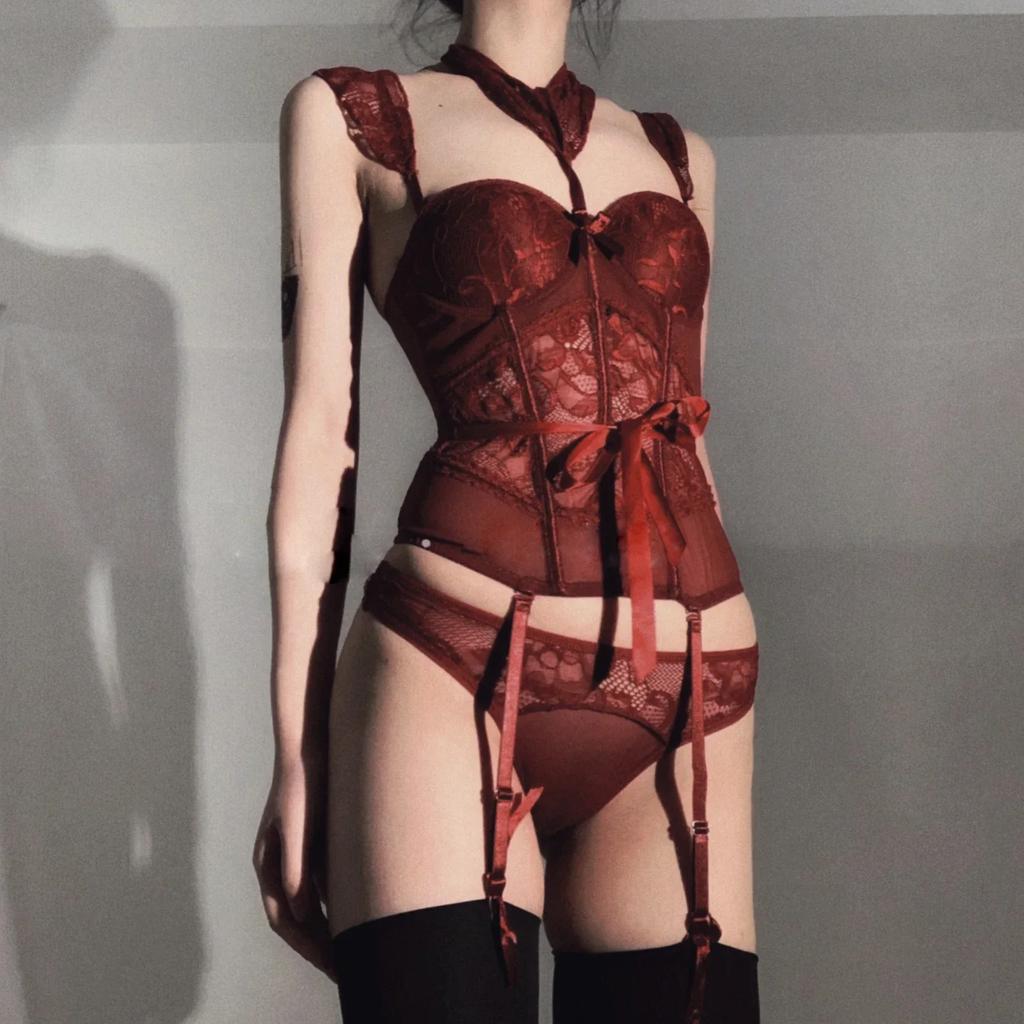 Sexy Gothic Lingerie Set Lace Bodysuit Women Underwear Bra with Gloves Wedding Mittens Tight Fitting