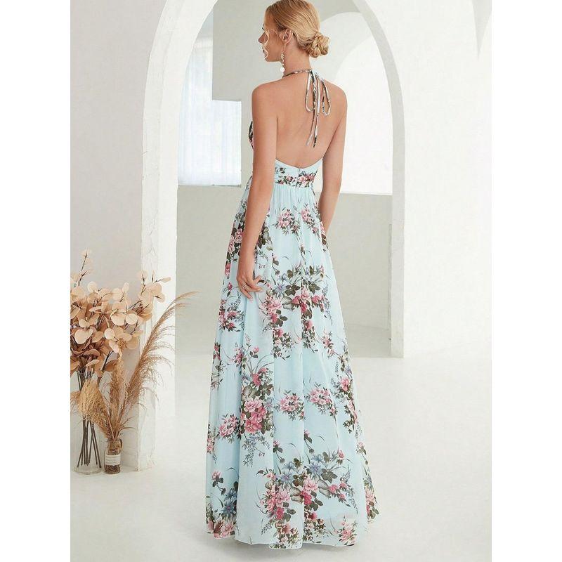 Bohemian New V-neck Print Backless Hanging Neck Lace-up Floral Split Chiffon Dress Vacation Long dress Women