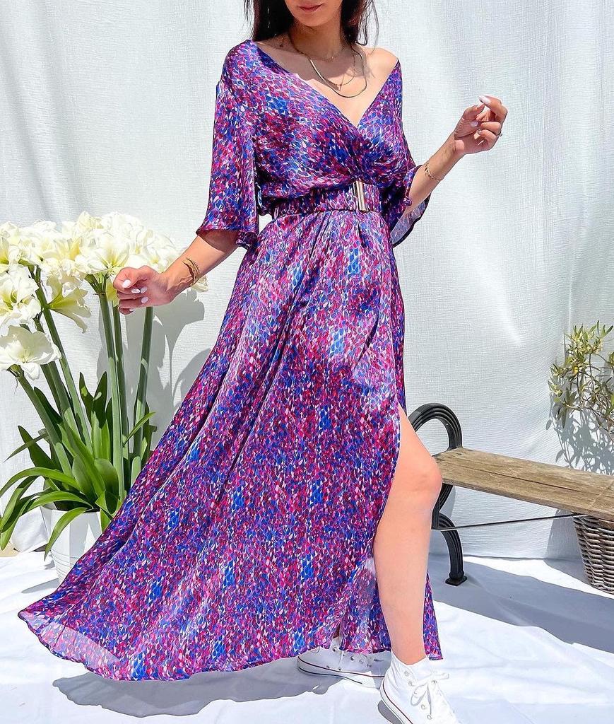 2023 Summer V-Neck Belted Print Long Dress
