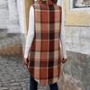 Women Long Vest with Breast Pockets Plaid Print Turn-down Collar Single-breasted Mid Length Waistcoat Loose Caerdigan Outerwear for Daily