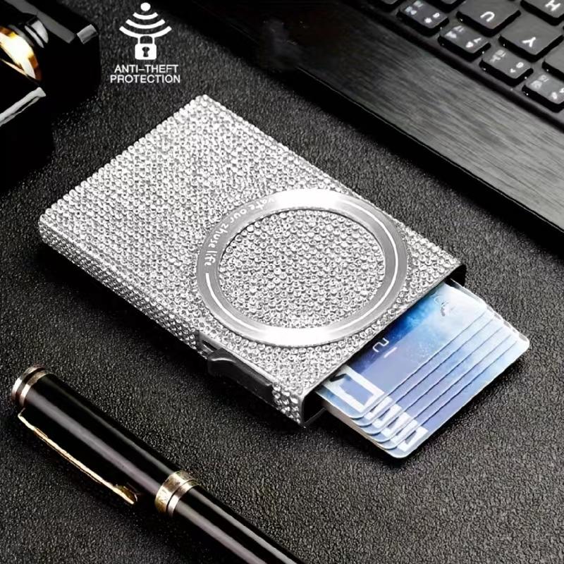 Women's Minimalist Aluminum Alloy Wallet, Magnetic Automatic Side-thrust Pop Up Card Holder With Anti-theft Brush Blocking