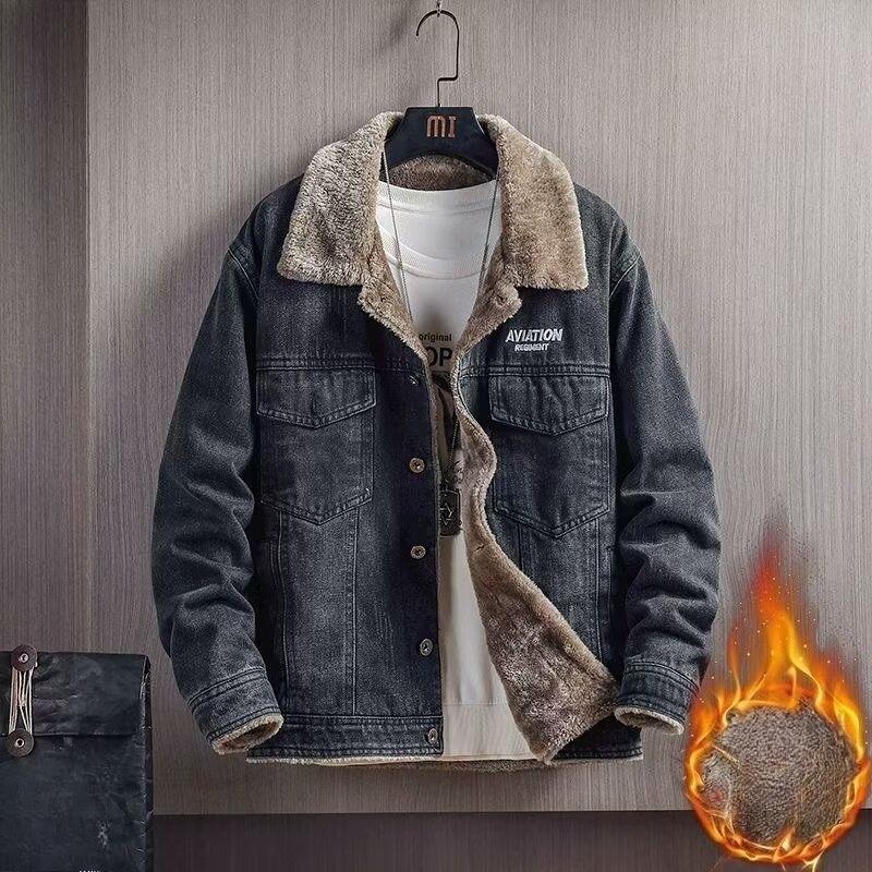 Denim Jacket Plus Velvet Thickening Slim Fit Lamb Velvet Winter Korean Style Jacket Handsome Cotton Jacket
