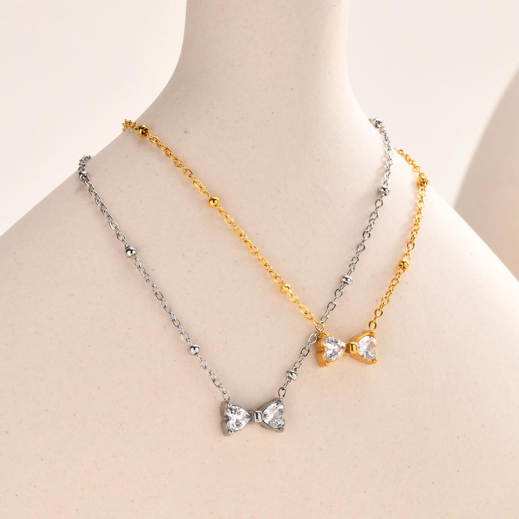 Stainless Steel Bead Chain Zircon Bow Necklace,Brilliant Cubic Zirconia Bow Pendant Necklace for Bridal Wedding Accessories