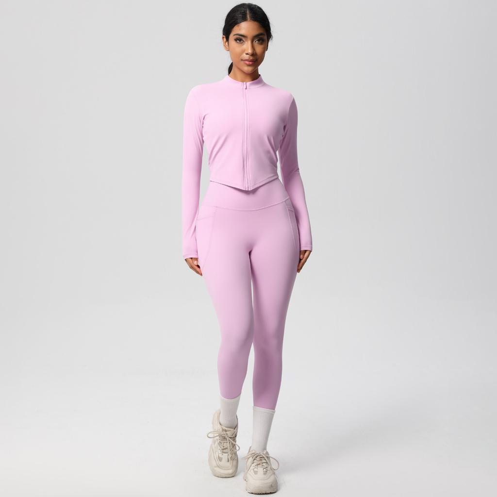 Naked Tight Zipper Jacket Yoga Suit Set, High Waist Pocket Quick Drying Exercise Running Fitness Two-Piece Set For Women