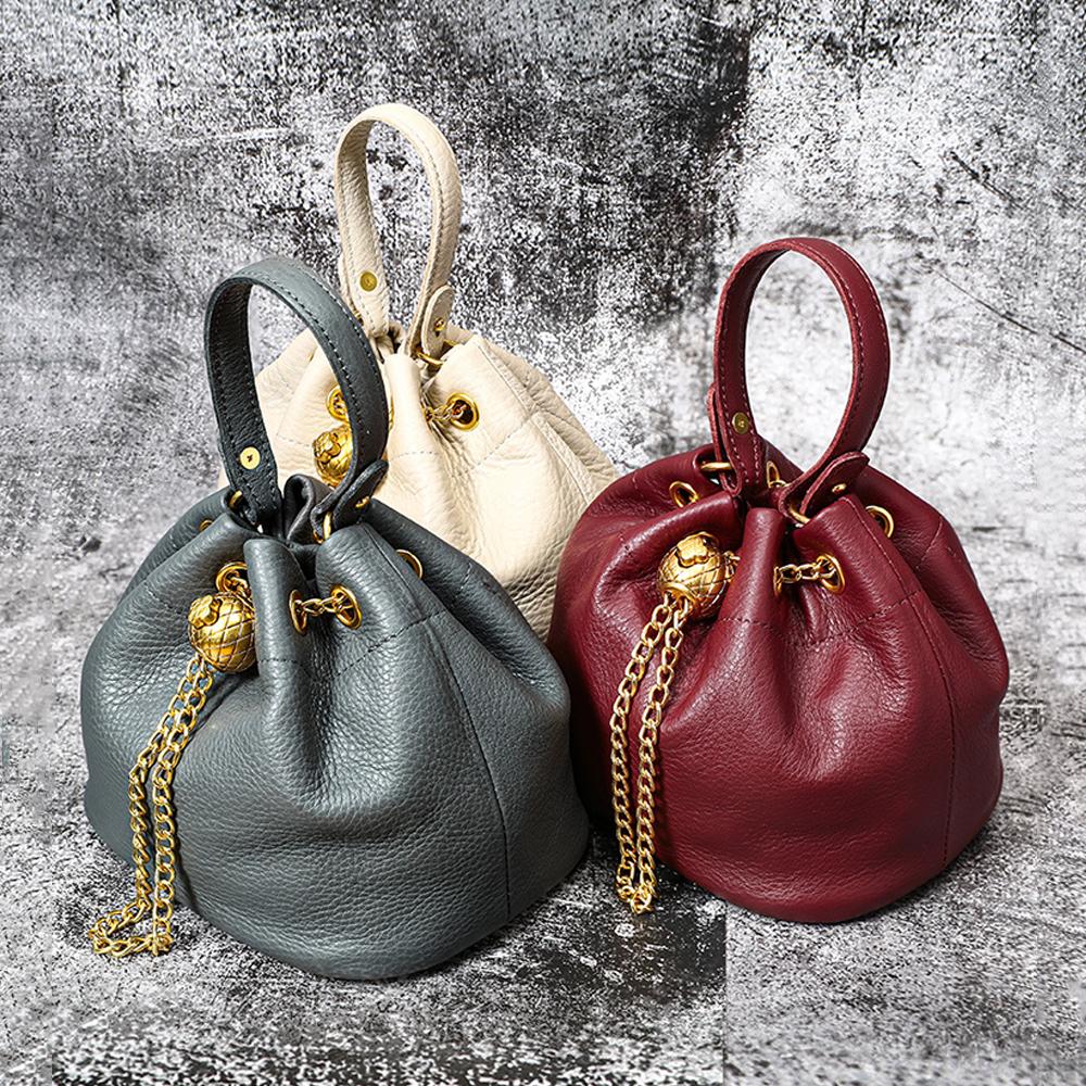 2026 Popular Vintage Fashion Chain Bag Women Genuine Leather Multi-Way Bucket Bag Compact Stylish Crossbody Shoulder Purse
