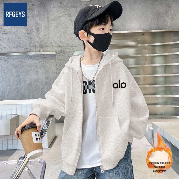 2025 Boys' Fleece-Lined Hooded Sweatshirt: Stylish, Fashionable Autumn/Winter Zip-Up Jacket for Kids