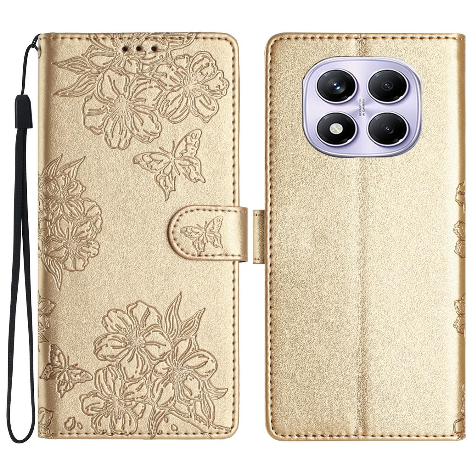 

For Xiaomi Redmi Note 14 Pro 4G Case Butterfly Flower Drop-Proof PU Leather Wallet Phone Cover Gold