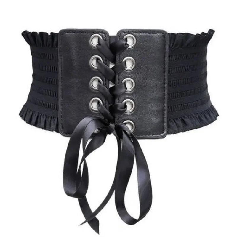 Fashion Gothic Elastic Belts for Woman Sexy Black Pu Leather Wide Corset Belt Female Cinturones Para Mujer Heart Cummerbunds