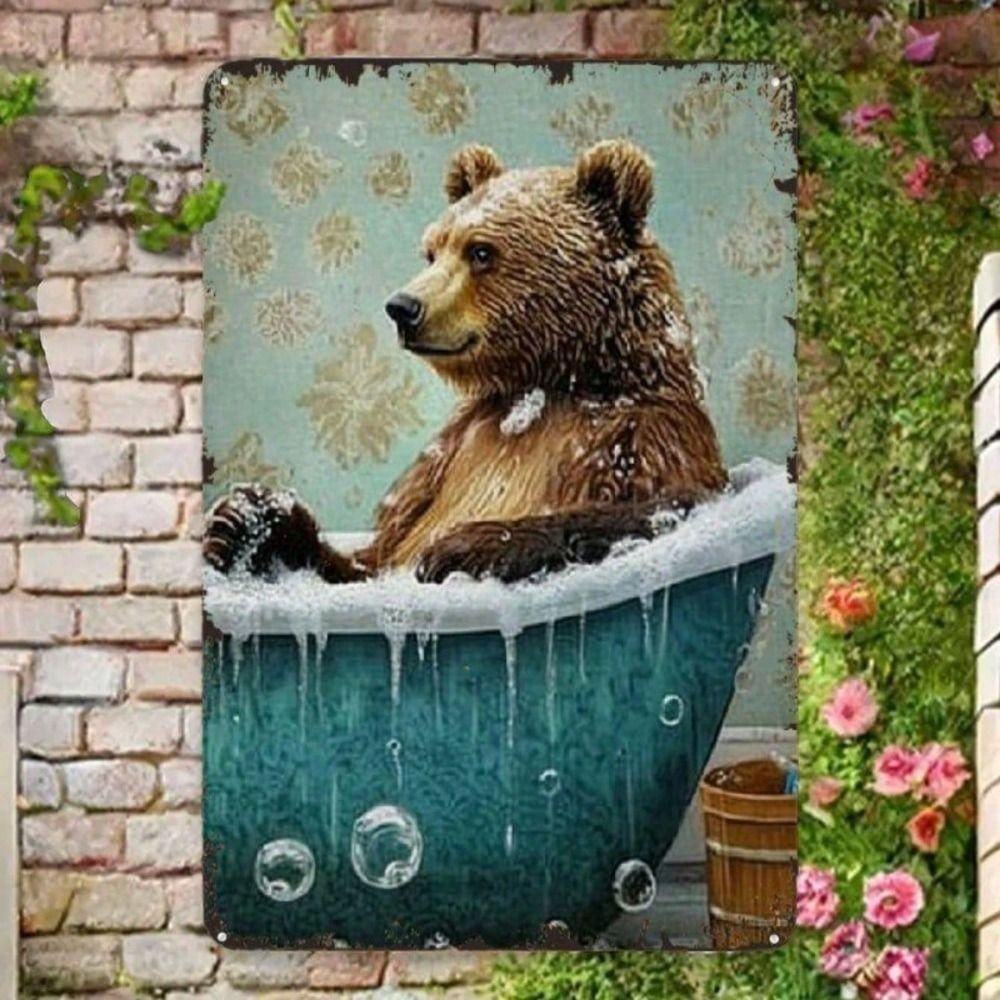 Vintage Metal Poster Wall Art Retro Bear Bathroom Rustic Decor