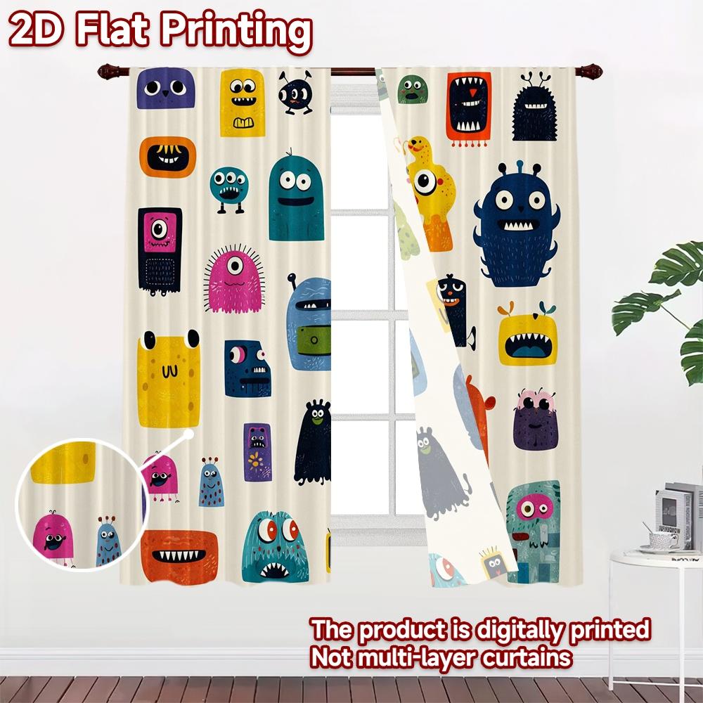 2D FLAT PRINTING 2pcs Curtains (Without Rod) Colorful Cartoon Monsters Popular Curtains&Drapes Versatile Polyester Curtains
