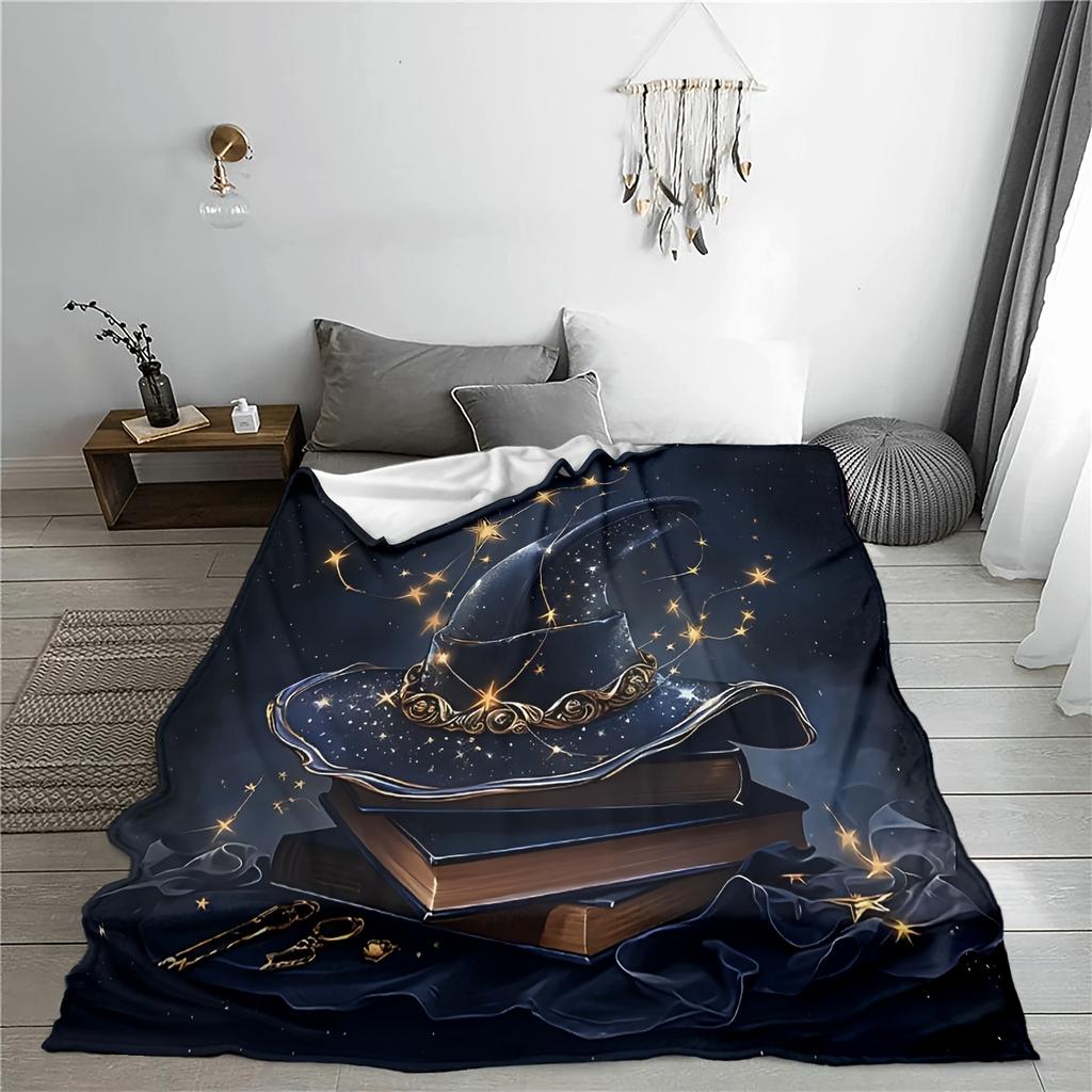 1pc Warm Halloween Elements Big Book with Witch Hat Design Printed Throw Blanket, Lightweight Plush, Mixed Color, Polyester 100%