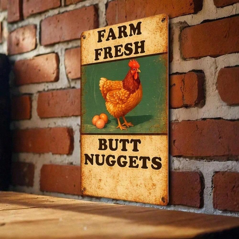 1pc Farm Fresh Butt Nuggets Tin Sign, Humorous Chicken Metal Wall Art, Funny Vintage Farmhouse Decor for Living Room